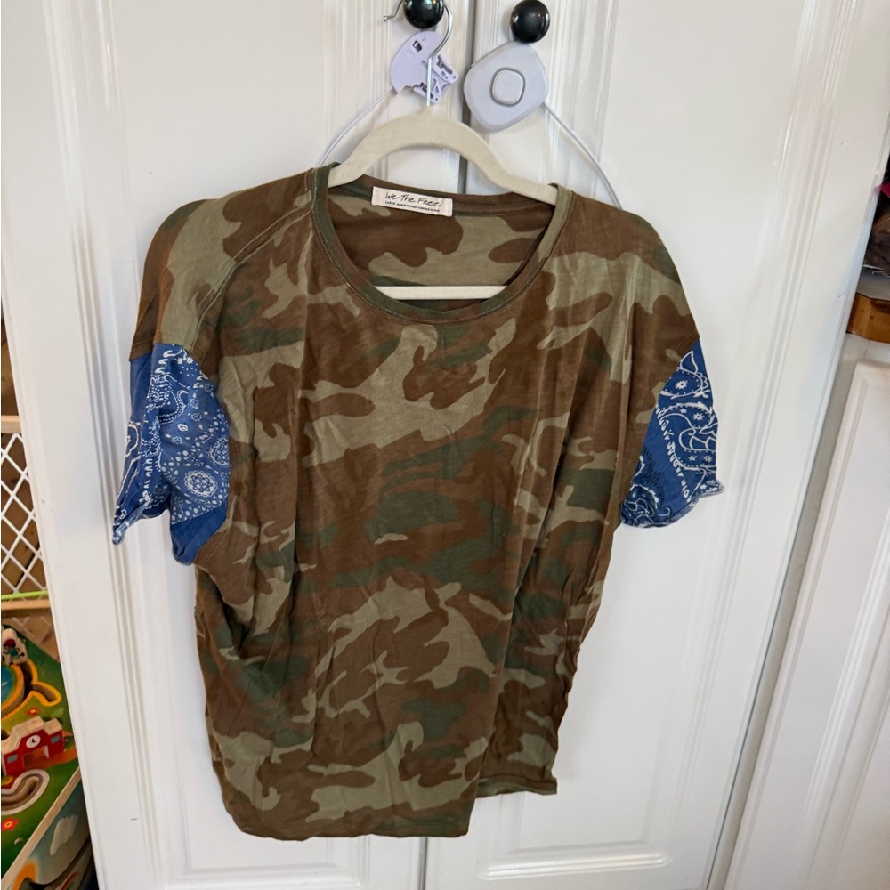 We the Free Camouflage T-Shirt with Blue Bandana Sleeves